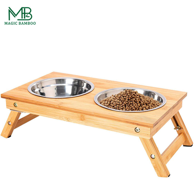 Comedor plegable de bambú para mascotas sin resbalones Dos cuencos