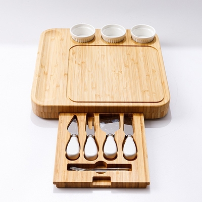 Tabla de queso de bambú y cuchillo Eco-amigable Tabla de charcutería con 3 cuencos de cerámica