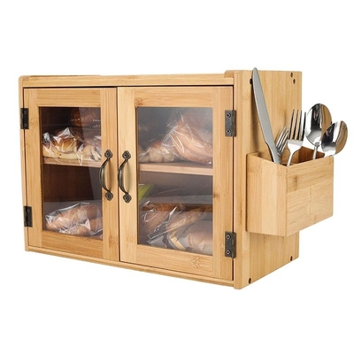 Direct 2 Tier Pared montada caja de pan de bambú con ventana transparente y portavetas
