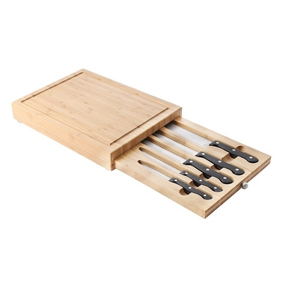 Bloque de corte de bambú natural con 1 cajón y 5 cuchillos con ranura de jugo incluida