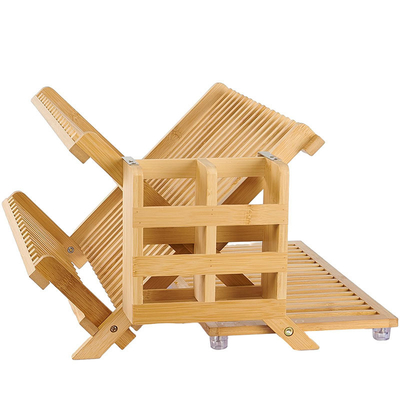 Estante de secado de platos de madera de bambú plegable de 3 niveles con porta utensilios
