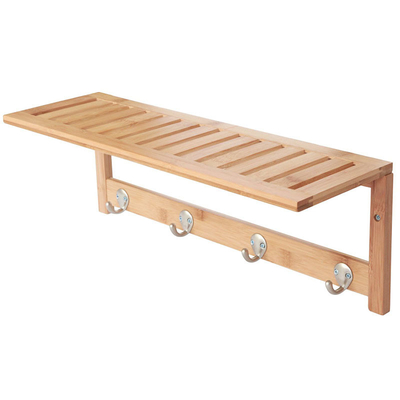 Estante de baño de madera sólida de bambú moderno y funcional con 4 ganchos de acero inoxidable