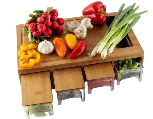 OEM ODM Tabla de corte de bambú natural con almacenamiento multifunción y 4 cajones de bandejas de plástico