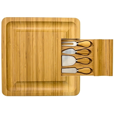 Tabla de corte de queso de bambú con cuchillo y tenedor rectangulares