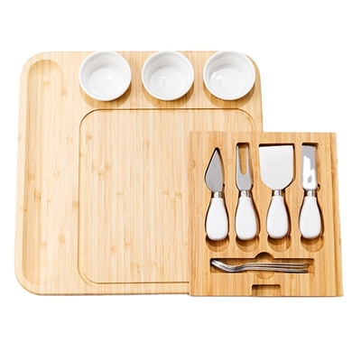 Bloques de corte rectangulares y 3 cuencos de cerámica Conjunto de cuchillo tablero de queso de bambú para la cocina Pizza regalo