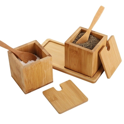 Caja de almacenamiento de sal, especias y hierbas secas con cuchara de tapa de bambú natural 17x7.1x8.2cm
