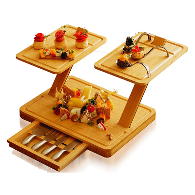 bandeja modular de bambú para servir con cajón deslizante y tablero de queso de 3 niveles