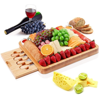 Plato elegante de queso de bambú con cuchillo y tenedor y 2 cuencos de cerámica Rectángulo 44x33x4cm