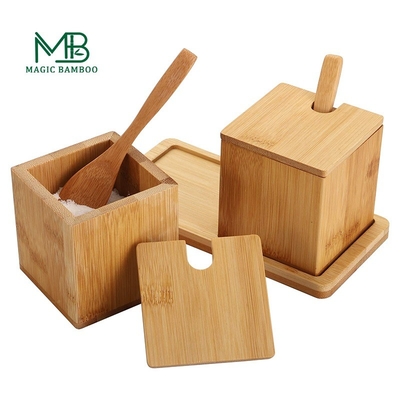 Directamente de la caja de especias de sal de bambú natural completa 17x7.1x8.2cm con cuchara de tapa y bandeja