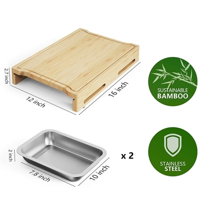 Tabla de corte de bambú rectangular sostenible personalizada con bandejas de goteo de acero inoxidable