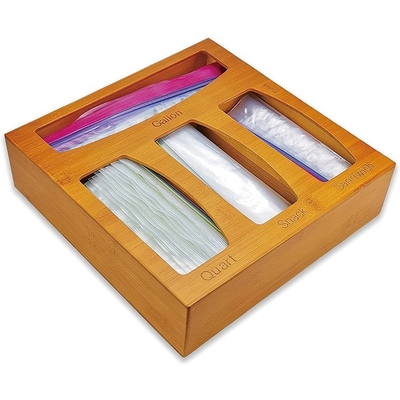 Caja de almacenamiento de bolsas de bambú con cremallera para cajones de cocina organizador de bolsas de comida montado en la pared