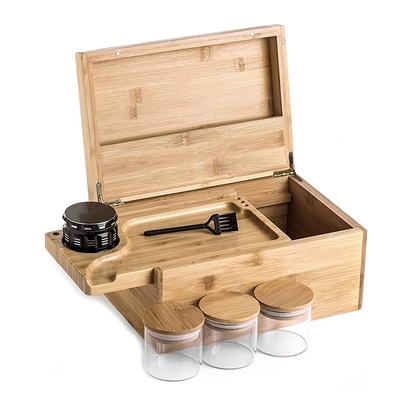 Conjunto de caja de almacenamiento de bambú con molinilla de hierbas, tarro de almacenamiento, bandeja de rodadura y bastón de herramientas de empuje