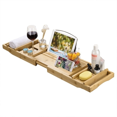Lados extensibles bañera de bambú de lujo Caddy bandejas para libros tabletas y copas de vino