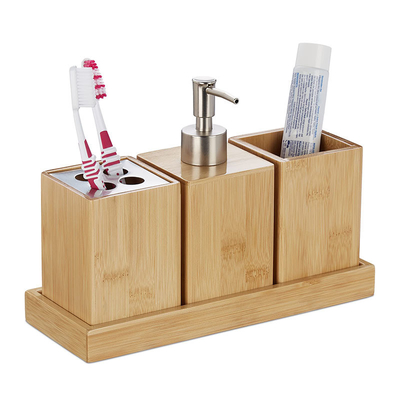El 100% de bambú natural sostenible de cepillo de dientes soporte de taza Dispensador de jabón conjunto de baño
