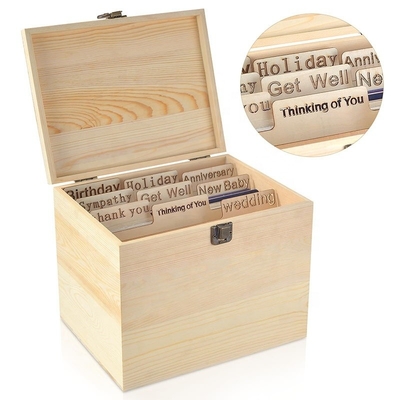 Caja organizadora de tarjetas de felicitación de bambú moderna con divisores y tapa diseño elegante