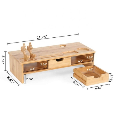 Monitoreo de computadora de bambú de un solo nivel 54x22.5x14cm con soporte de escritorio y 2 cajones