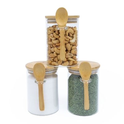 Conjunto de 3 frascos de vidrio hermético con tapas y cucharas de bambú