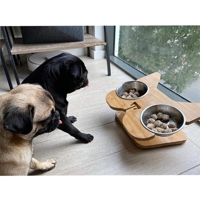 Comedor de bambú para mascotas con cuencos de agua y comida de acero inoxidable