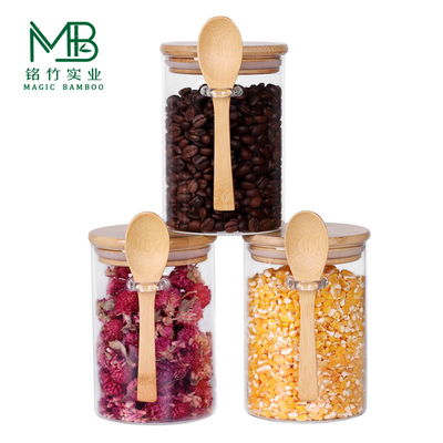 Por mayor 10 oz Jarrones de vidrio pequeños para té Caffé frijoles Caramelo con tapas y cucharas de bambú