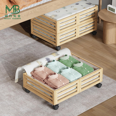 Bajo bambú ropa de cama Caja de almacenamiento con ruedas y bolsa de polvo para el dormitorio de casa